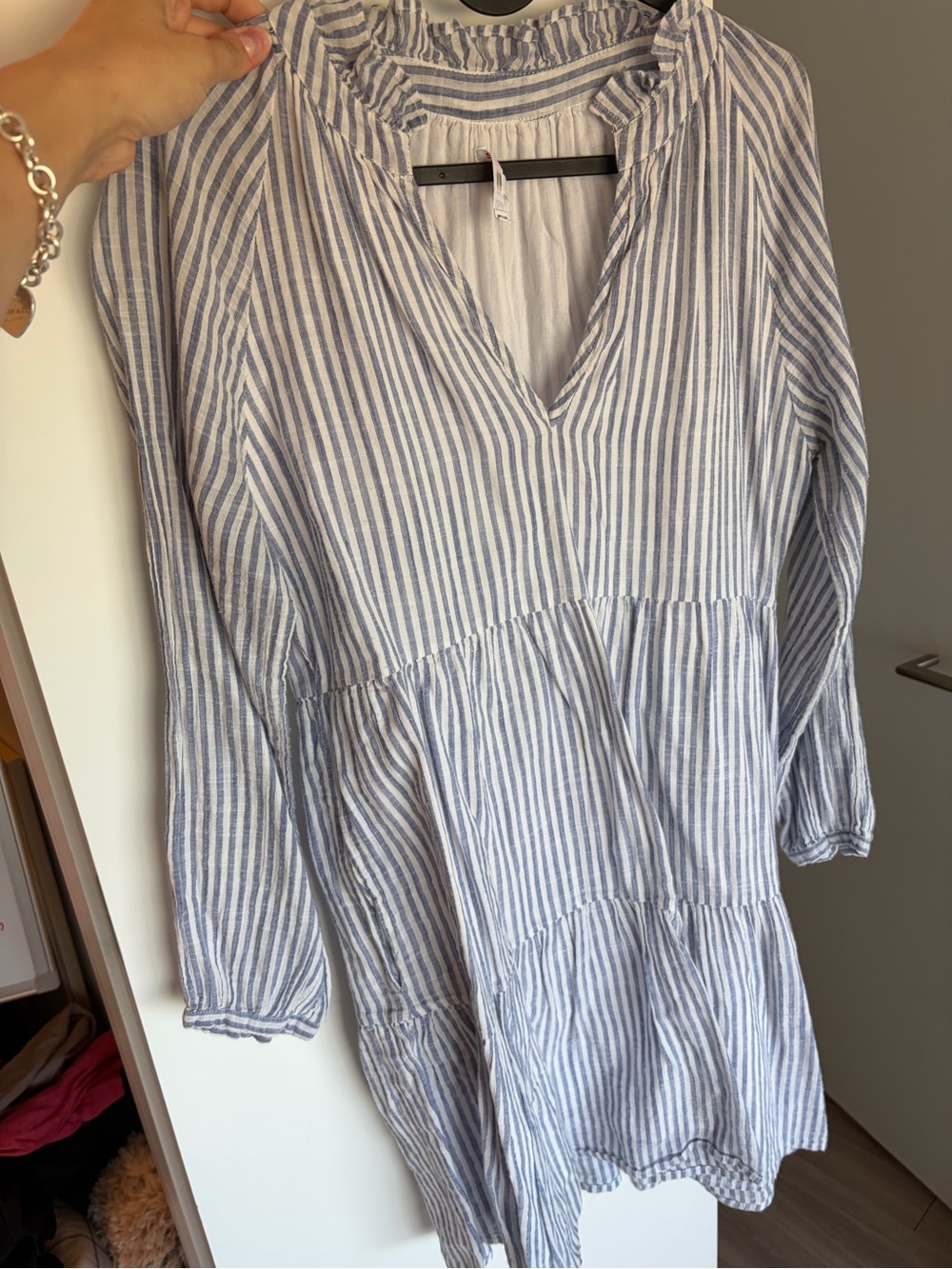 Sundry Blue and White Striped V-Neck Tiered Tunic